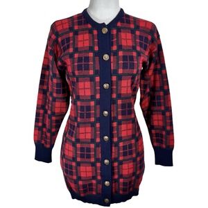 Vintage Long Tartan Plaid Cardigan S XS Red Navy Wool Blend Sweater Gold Buttons